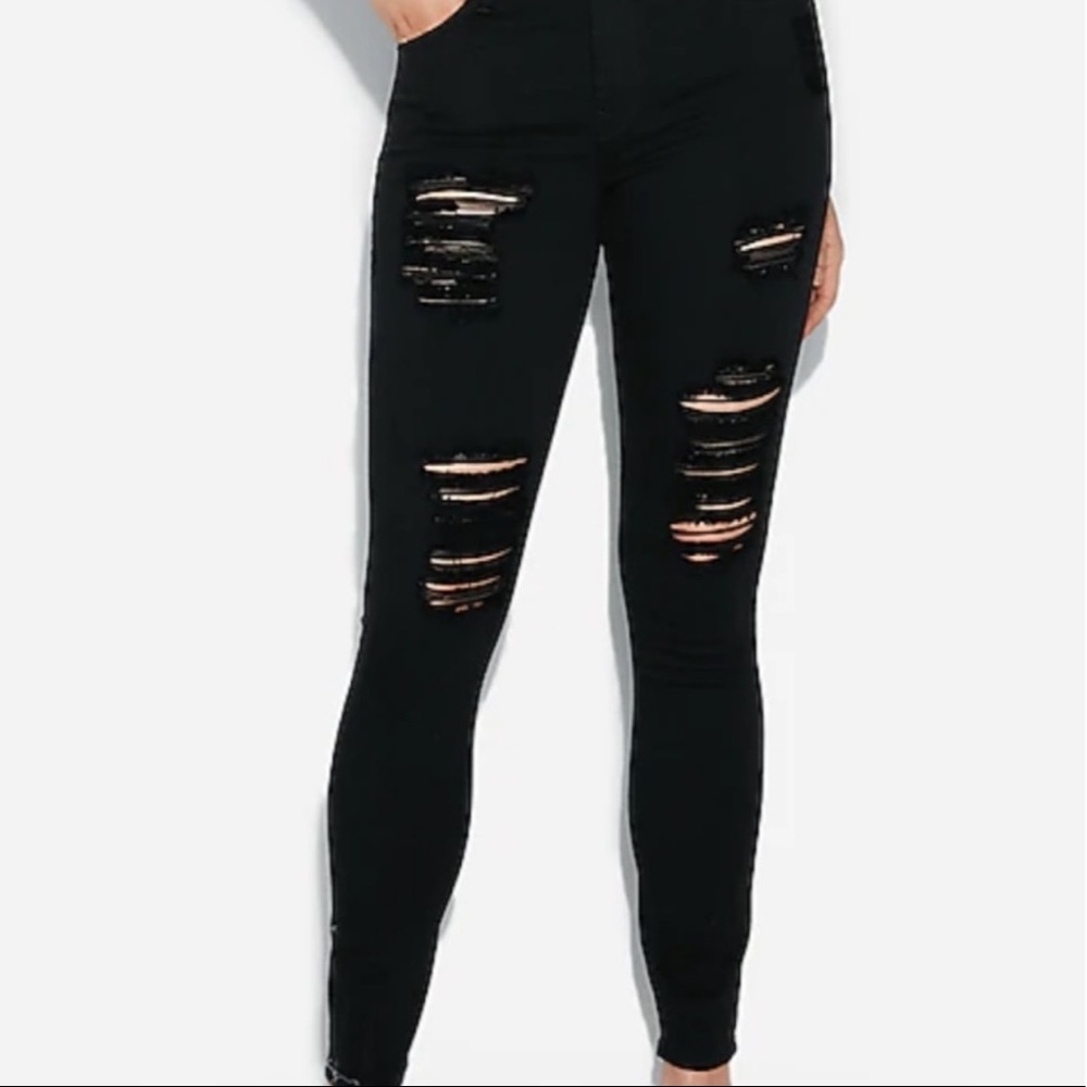 Express Mid Rise Black Ripped Jean Leggings - Picture 1 of 11